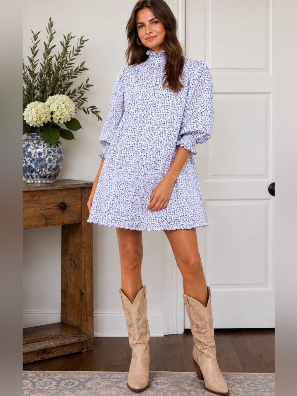 HUNTER BELL Blue Floral Ruffle-Neck eyelet  Mini Dress Jackie